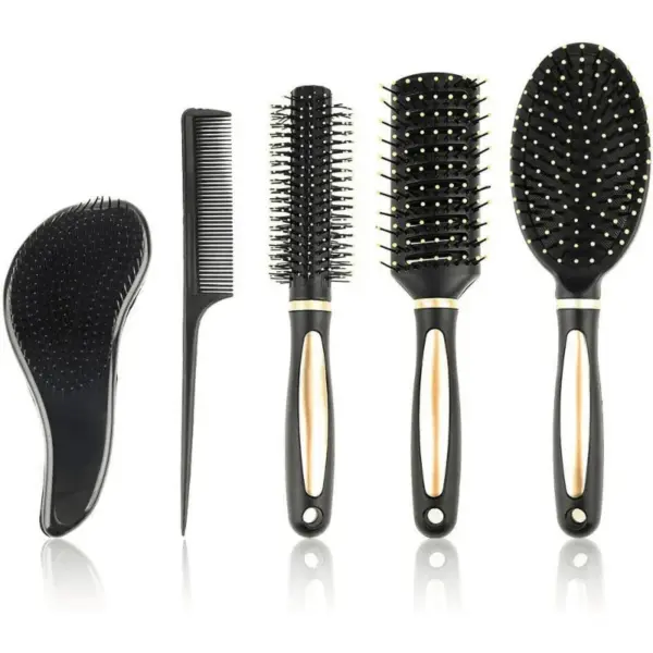 Abaima 5 Pieces Hair Brush Comb Set Detangling Paddle Brush Round Hair Tail Comb Wet Dry Brush for Women Men Hair Styling(Black)