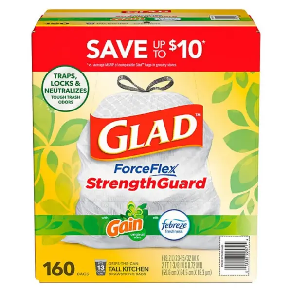 Glad ForceFlex 13-Gallon Kitchen Trash Bags, Gain Original Scent + Febreze, 160 ct.