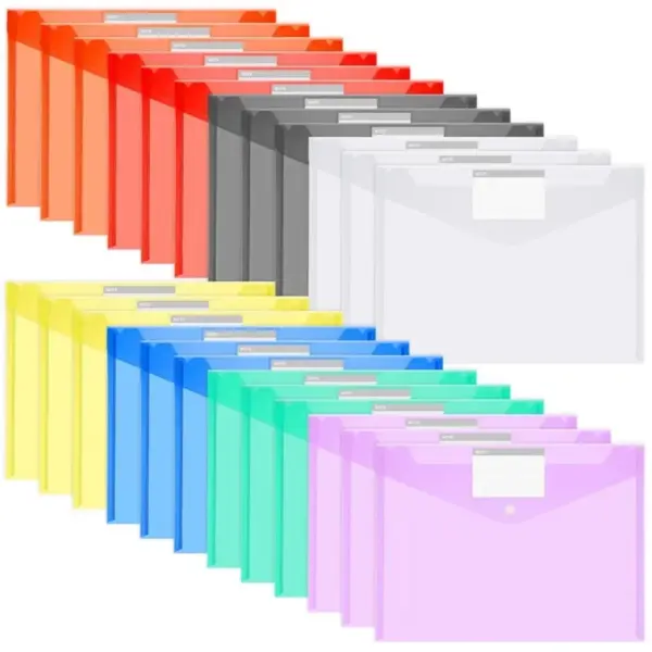 Sixwipes 24 Pack Plastic File Folders with Snap Button Closure, A4 Document Envelopes for School, Office, Hom, Poly Filing Folders, Letter Size, Assorted Colors