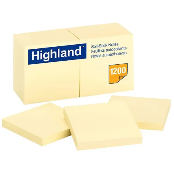 Highland - Self-Stick Pads, 3 x 3, Yellow, 100 Sheets/Pad - 12 Pads/Pack