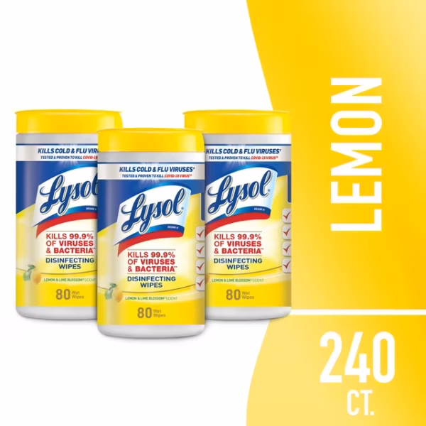 Lysol® Disinfectant Wipes Bundle, Multi-Surface Antibacterial Cleaning Wipes, Lemon and Lime Blossom, 80 Count Each(Pack of 3)