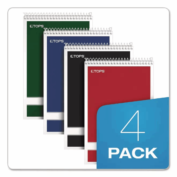 TOPS - Steno Book with Assorted Colored Cover, 6 x 9, White Paper - 4 80-Sheet Pads/Pack