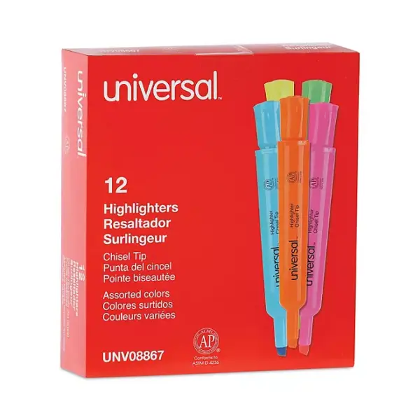 Universal® Desk Highlighter, Chisel Tip, Assorted Colors, 12/Set