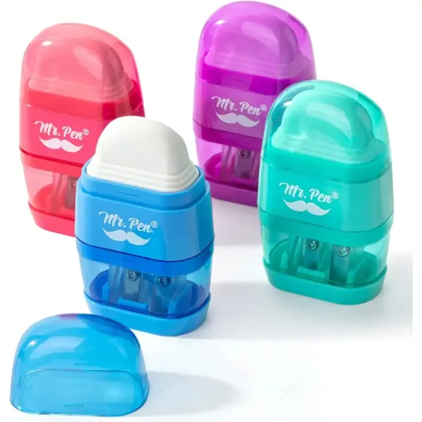 Mr. Pen- Pencil Sharpener & Eraser, 4 Pack, Colorful, 2 Sharpening Holes