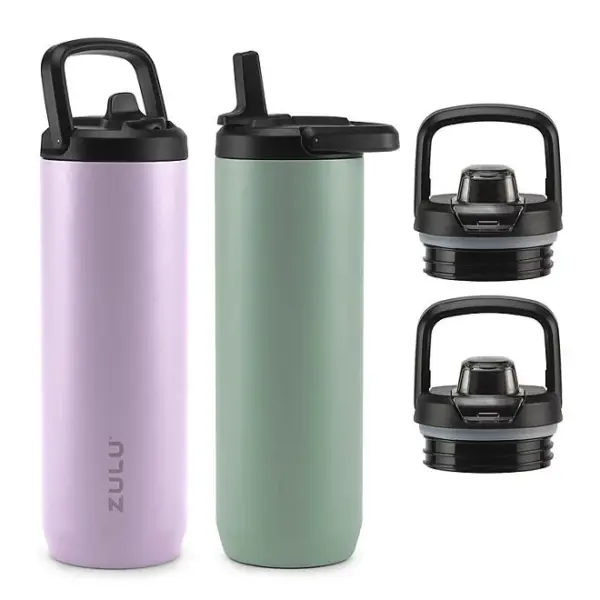Zulu Base Stainless Steel Water Bottle with Lids., 2 Pack 24oz each, Includes 2 Extra Lids (Choose Color)