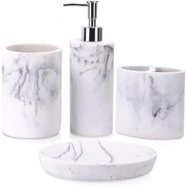 Zccz 4-Piece White Marble Bathroom Accessories Set Modern Adults