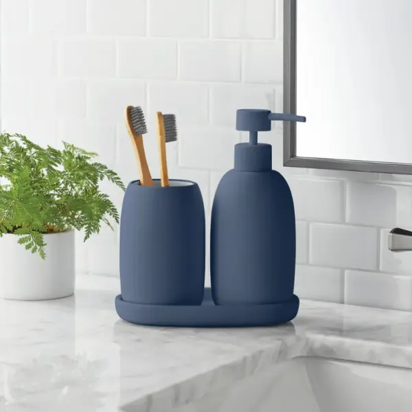 Mainstays Ceramic Stoneware Bath Accessories 3-Piece Set, Blue – Soap Pump Dispenser, Tumbler, and Accessory Tray