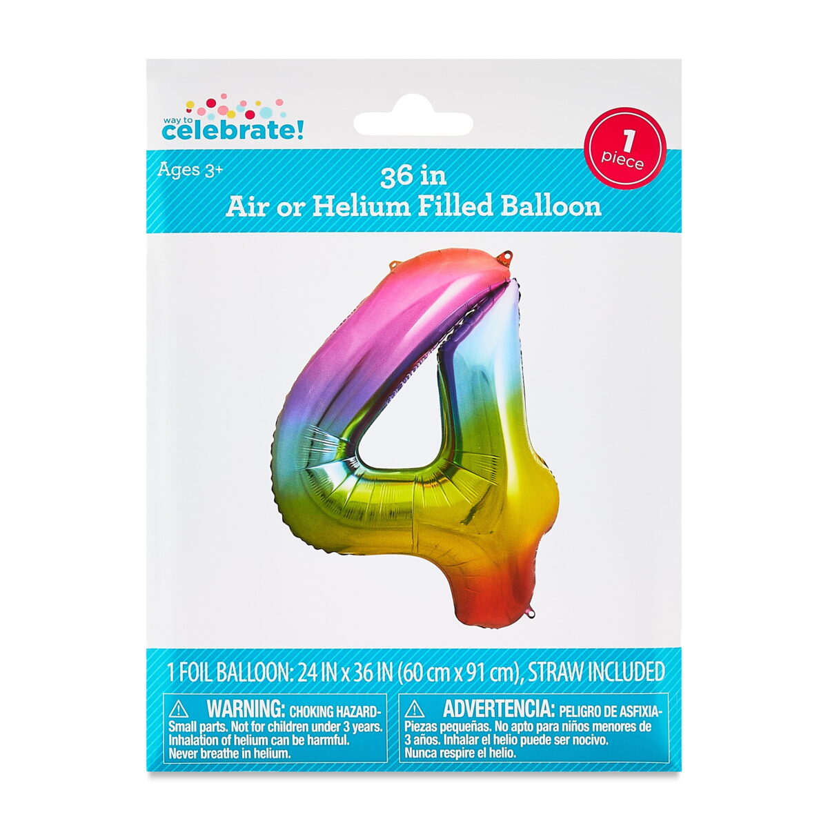 34" Rainbow Ombre Number 4 Foil Balloon, by Way To Celebrate - Image 2