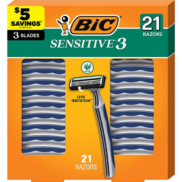 BIC Sensitive 3 Disposable Razors for Men, 3 Blade, 21 ct.