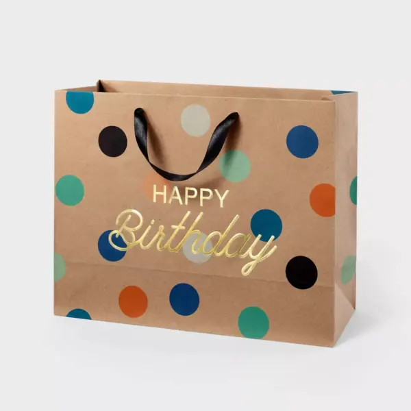 Happy Birthday Dots on Kraft Medium Gift Bag - Spritz™ Multicolor Polka Dot, 10 x 12.75 x 5, Classic Pattern
