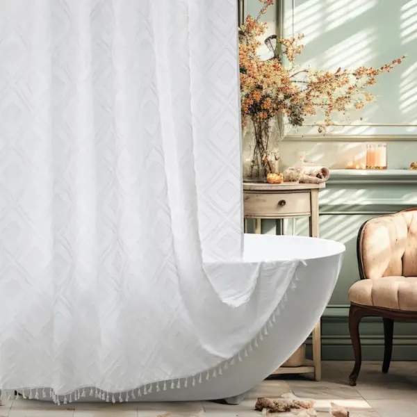 Inosoo White Fabric Shower Curtain, Boho Shower Curtain with Tassels, 72"Wx78"L Extra Long Chic Tufted Chevron Striped Shower Curtain for Bathroom, Water Resistant
