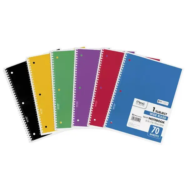 Mead Spiral Bound Notebook, Wide Rule 8 1/2 x 11, 70 sheets/Pad, Assorted Colors