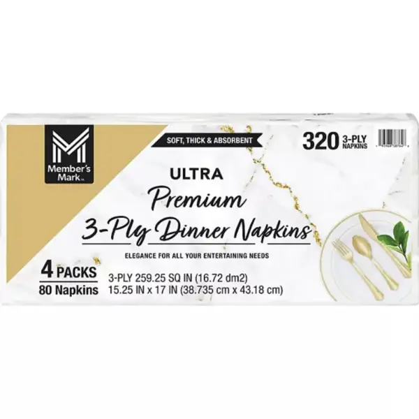 Member's Mark Ultra Premium 3-Ply White Dinner Napkins, 4 pks., 80 napkinspk.