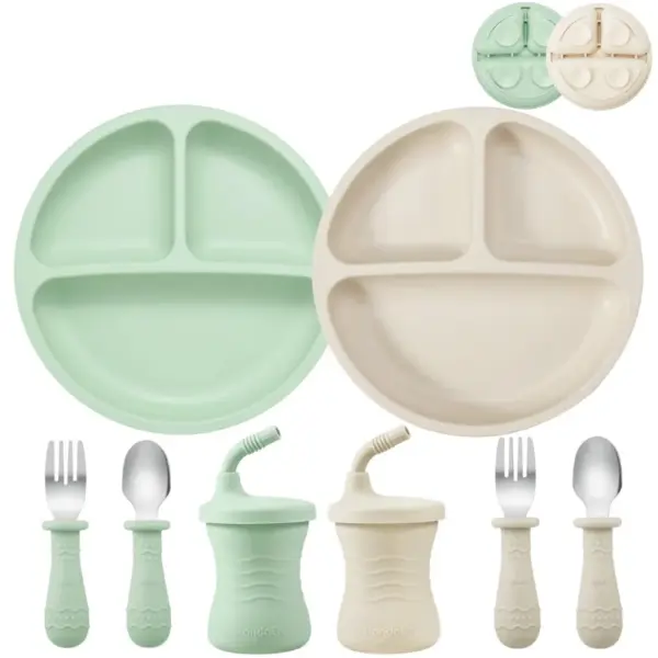 PandaEar Silicone Baby Feeding Set | 2 Silicone Divided Suction Plate and 2 Toddler Cup with 4 Silicone Stainless Spoons & Forks| BLW Supplies Self Feeding Eating Utensils (Sea Mist/Bone)