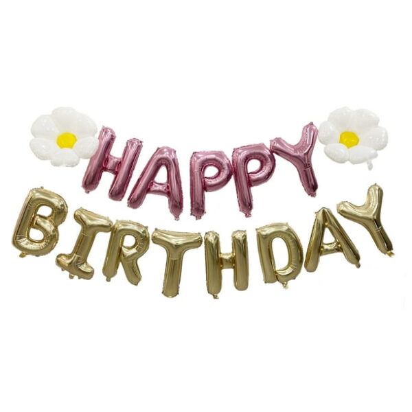 Pink/Gold Happy Birthday Foil Daisy Balloon Banner, 18 Pieces, by Way To Celebrate