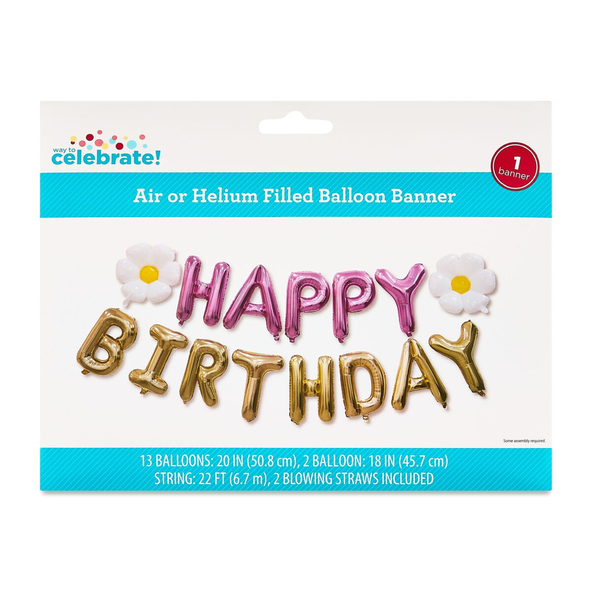 Pink/Gold Happy Birthday Foil Daisy Balloon Banner, 18 Pieces, by Way To Celebrate - Image 2