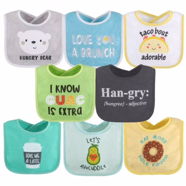 The Peanutshell Cotton Baby Bibs for Girls or Boys, 8 Pack, Green, Blue, Yellow