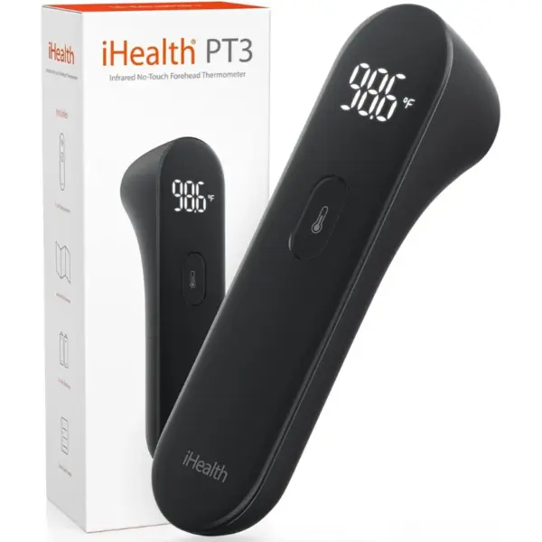 iHealth No-Touch Digital Forehead Thermometer for Adults, Babies, Kids - FSA HSA Eligible, 3 Ultra-Sensitive Sensors, Quiet Vibration Feedback, Large LED Digits, Easy to Use for Home, PT3 Black