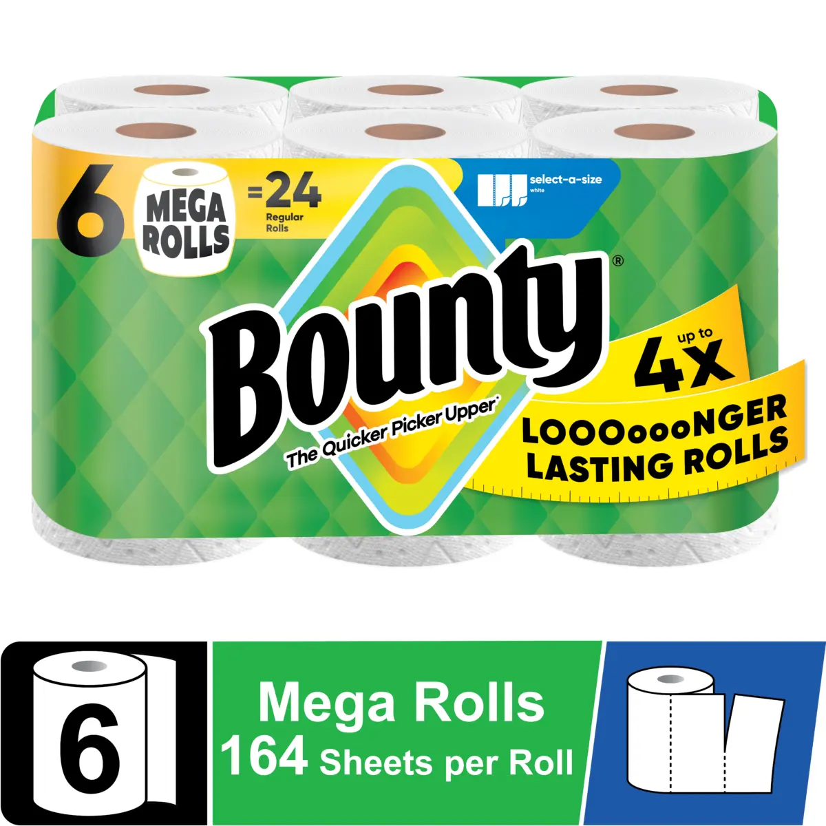 Bounty Paper Towels Select-A-Size White, 6 Mega Rolls, 164 Sheets Per Roll - Image 1