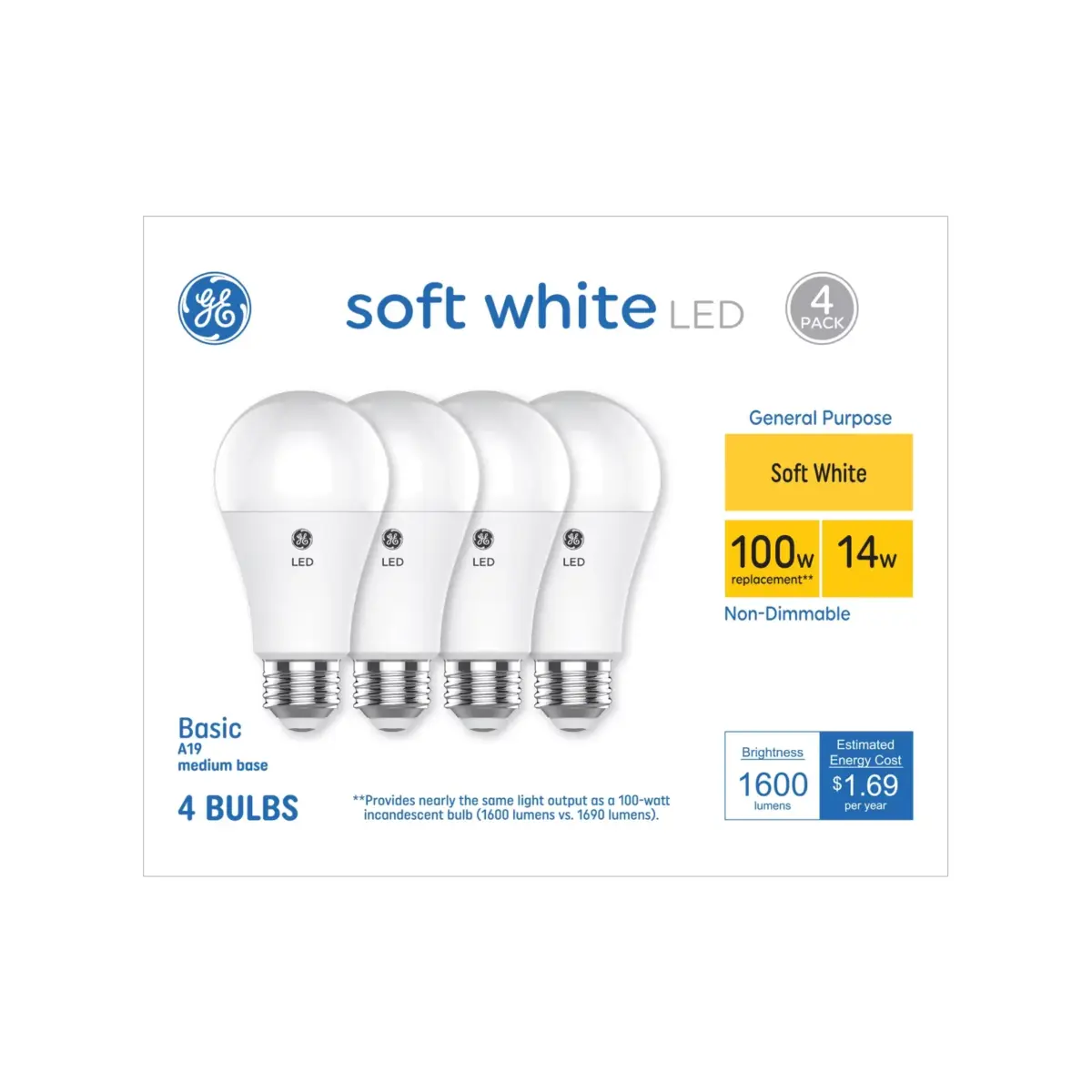 GE 100W General Purpose LED A19 Light Bulbs, 4 pk. - Soft White - Image 1