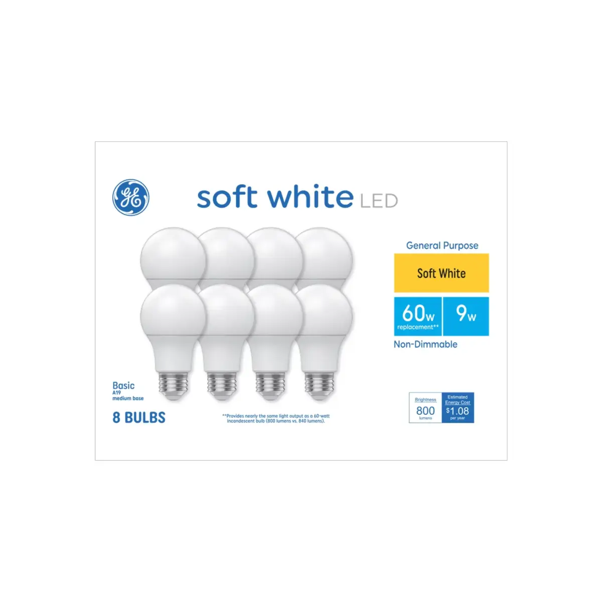 GE 60W LED A19 Light Bulbs, 8 pk. - Soft White - Image 1