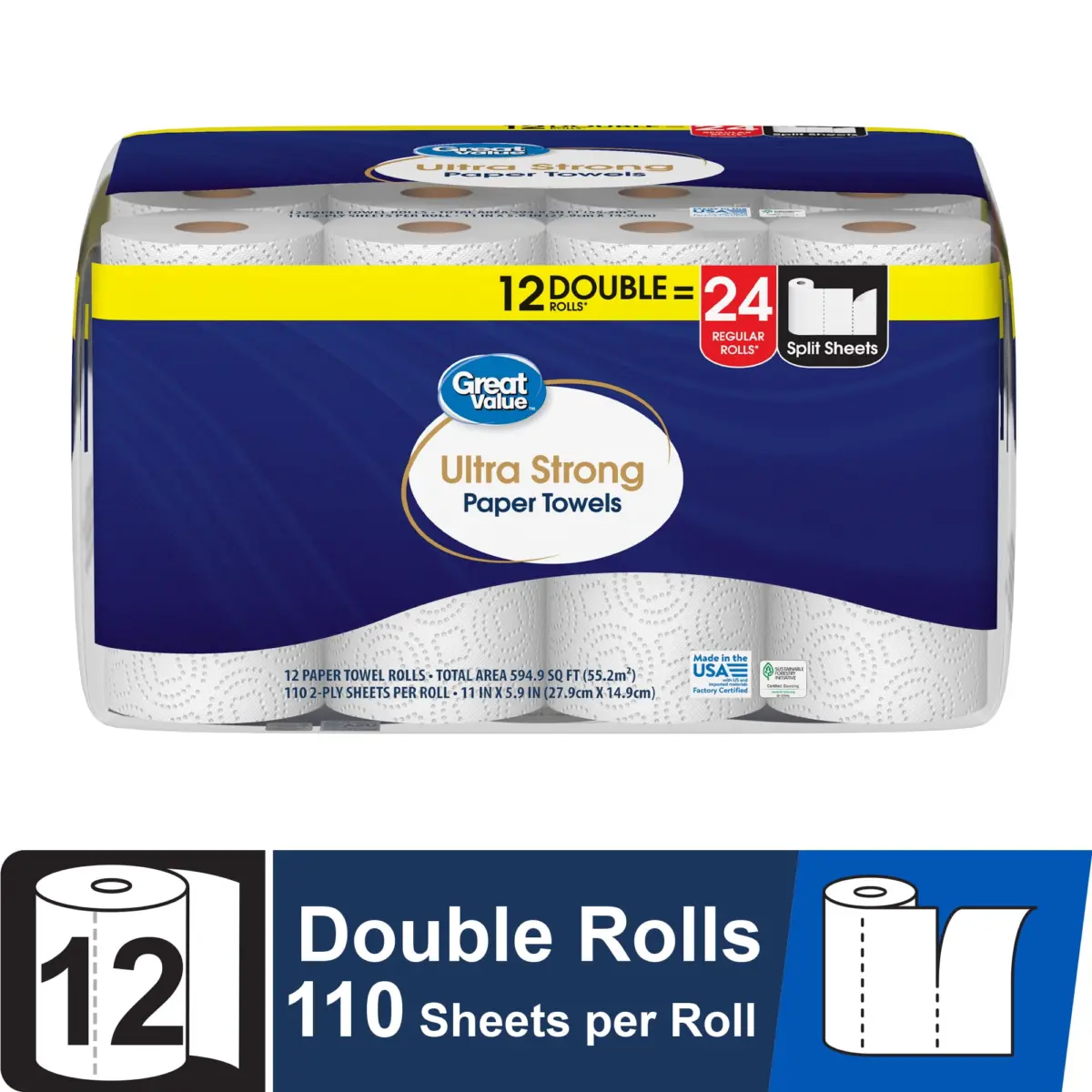 Great Value Ultra Strong Paper Towels, 12 Double Rolls - Image 1