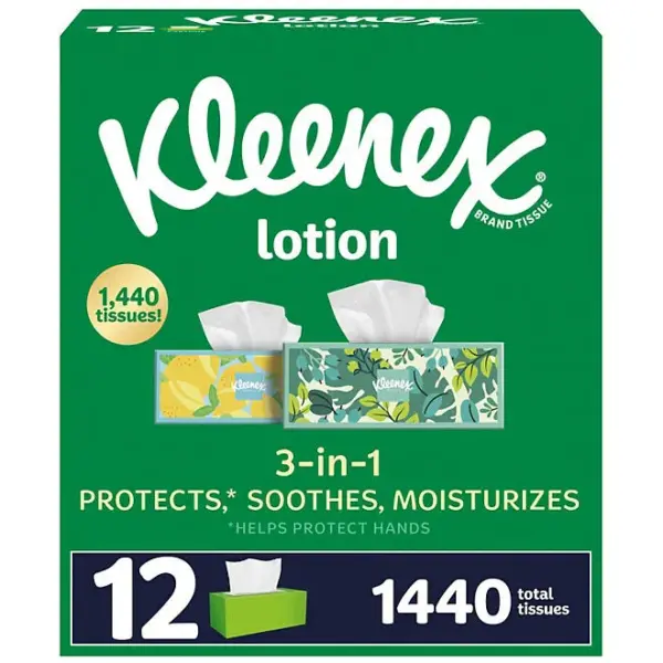 Kleenex Lotion 3-Ply Facial Tissues 12 boxes, 120 tissues/box