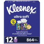 Kleenex Ultra Soft Hypoallergenic 3-Ply Facial Tissues 12 Cube Boxes, 72 tissues/box