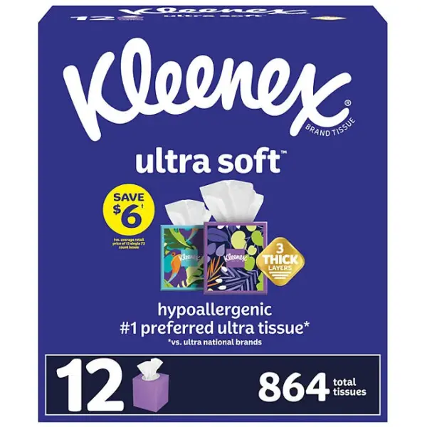Kleenex Ultra Soft Hypoallergenic 3-Ply Facial Tissues 12 Cube Boxes, 72 tissues/box