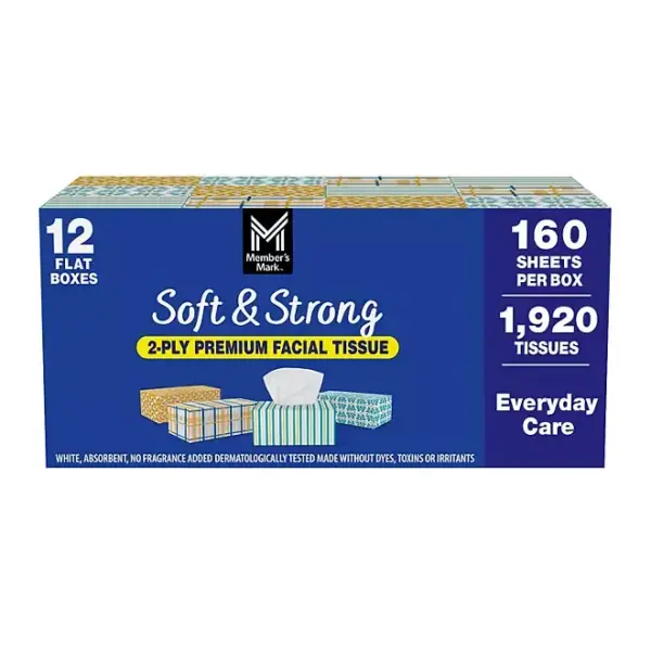 Member’s Mark Soft & Strong 2-Ply Premium Facial Tissues 12 Flat Boxes, 160 tissues/box