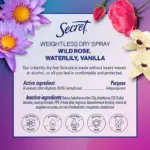 Secret Dry Spray Women's Antiperspirant Deodorant, Vanilla, Wild Rose & Waterlily, 4.1 oz., 3 pk. - Image 2