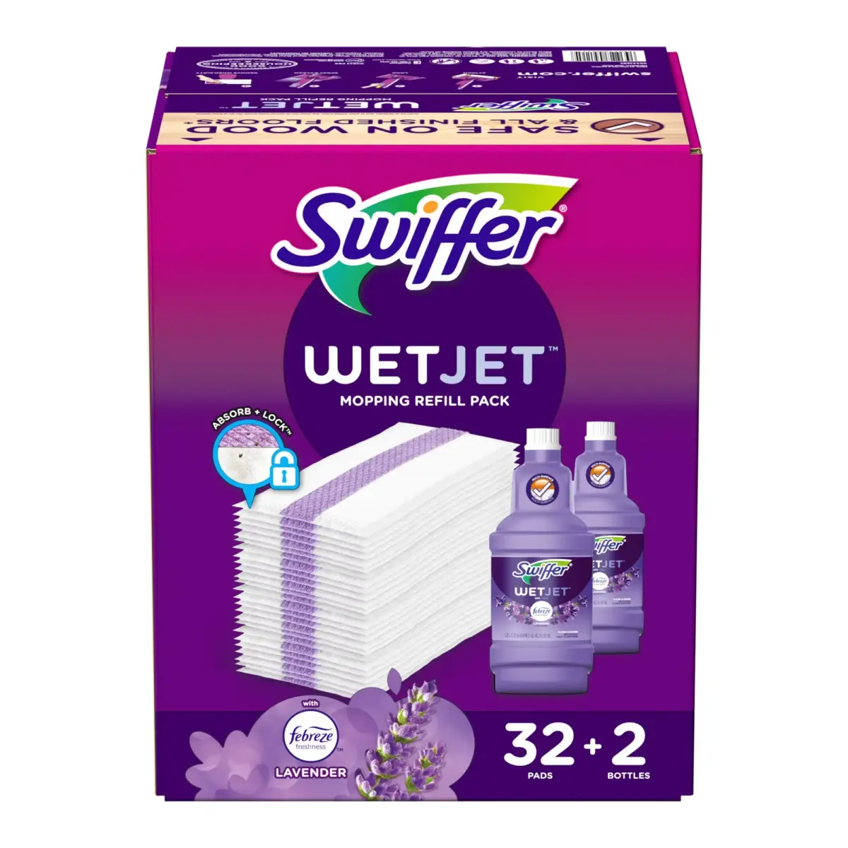 Swiffer WetJet Spray Mop Refill Bundle, 32 Floor Cleaning Pad Refills + 2 Multi-Surface Floor Cleaner Solutions - Image 1