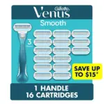 Venus Original Smooth Women's Razor, 3 Blade, Handle + 16 Cartridges