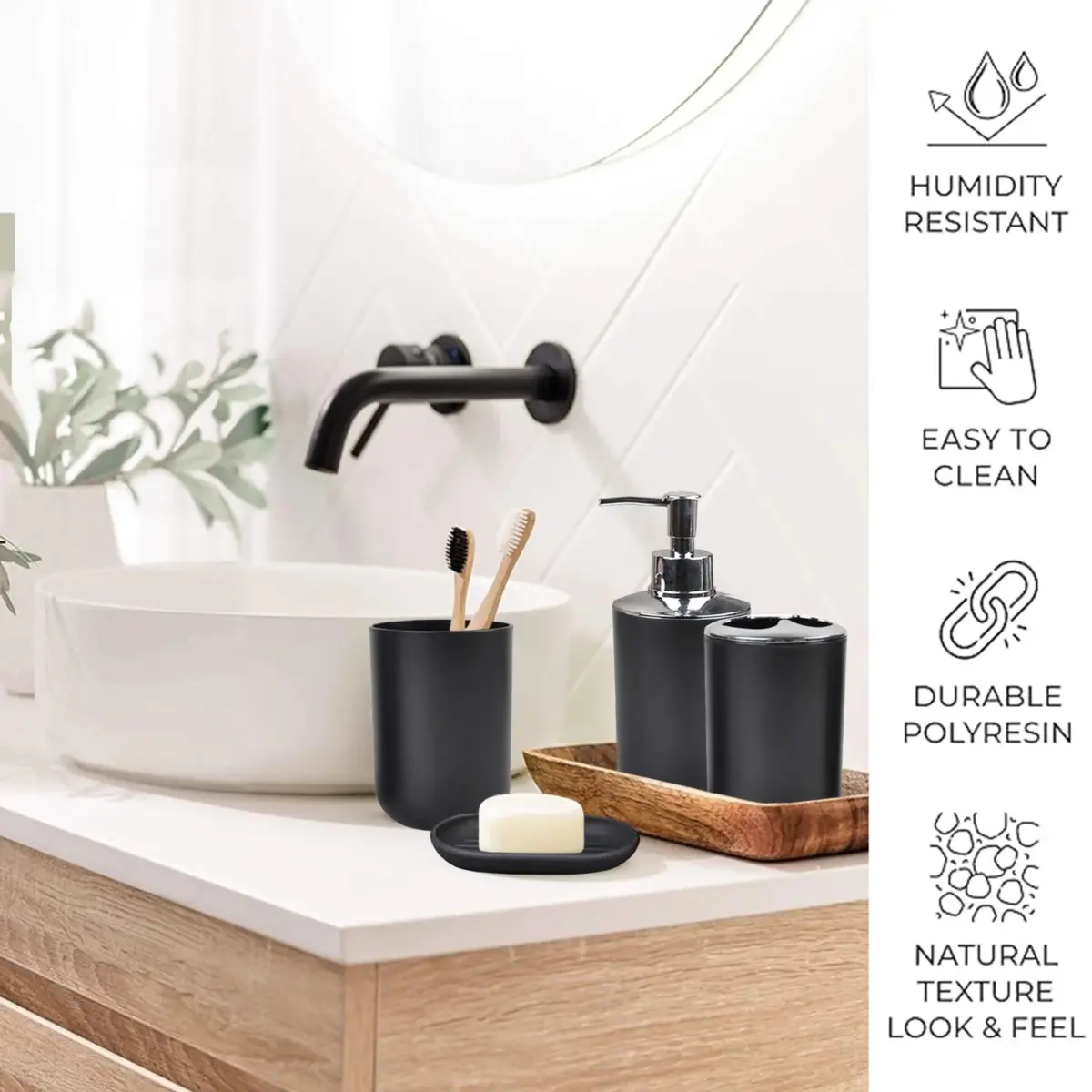 Cerbior 6 Plastic Bathroom Linen & Accessory Set, Black - Image 2