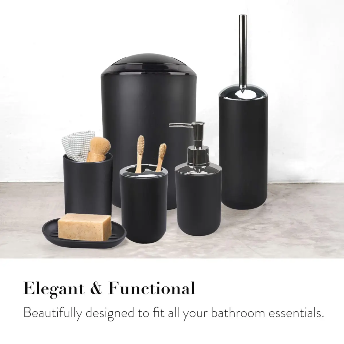 Cerbior 6 Plastic Bathroom Linen & Accessory Set, Black - Image 3