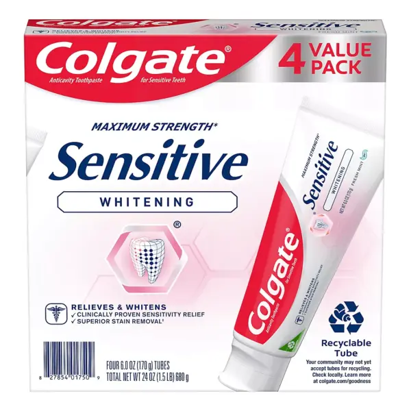 Colgate Sensitive Whitening Toothpaste, Cavity Protection Mint Toothpaste Gel, 4 pk./6 oz.