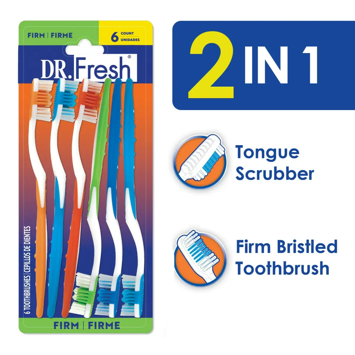 Dr. Fresh Adult Manual Toothbrush with Tongue Scraper Head, Firm, 6 Count - Image 5