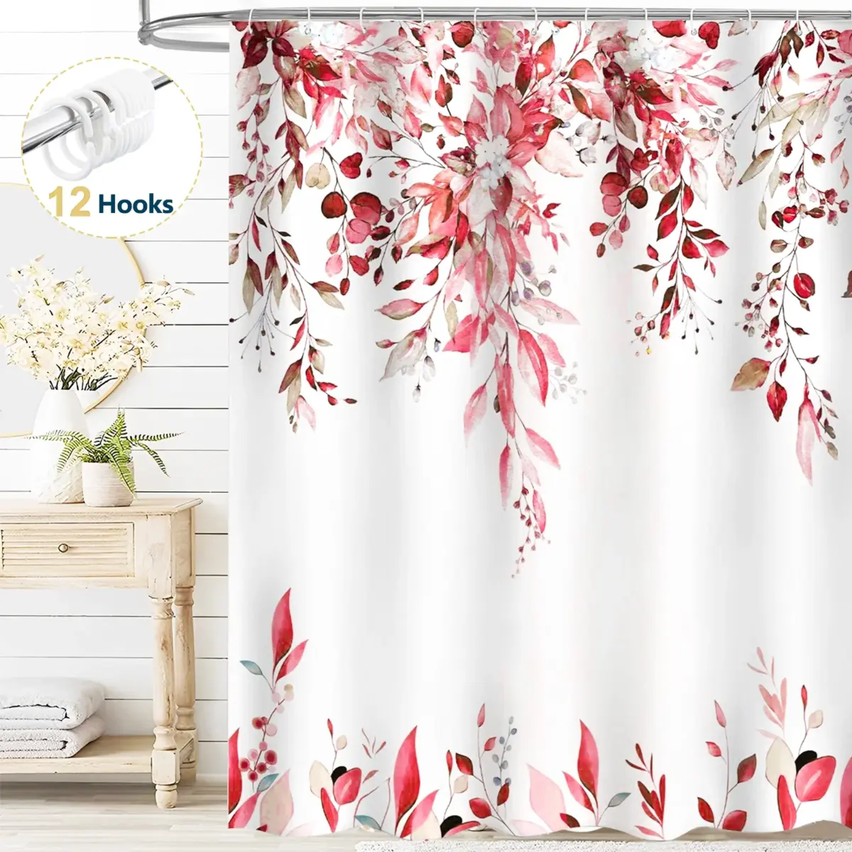 Dznils Red Eucalyptus Fabric Shower Curtain, Watercolor Floral Pattern with Hooks, 72" x 72" - Image 1