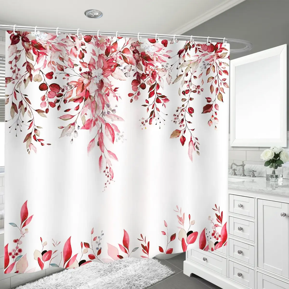 Dznils Red Eucalyptus Fabric Shower Curtain, Watercolor Floral Pattern with Hooks, 72" x 72" - Image 10