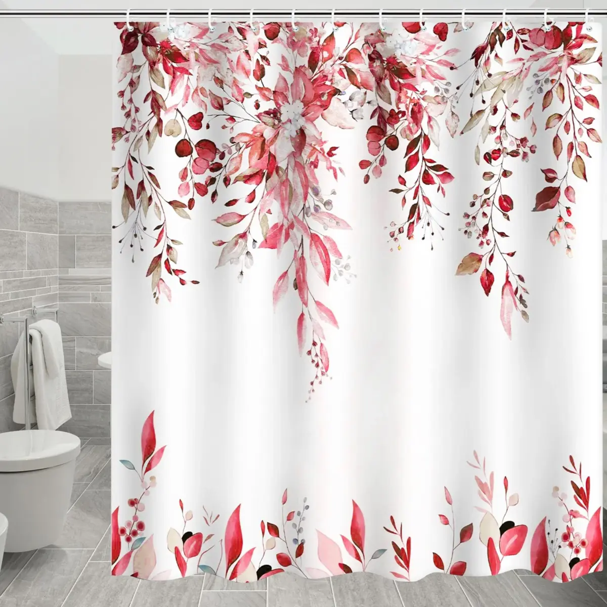 Dznils Red Eucalyptus Fabric Shower Curtain, Watercolor Floral Pattern with Hooks, 72" x 72" - Image 2