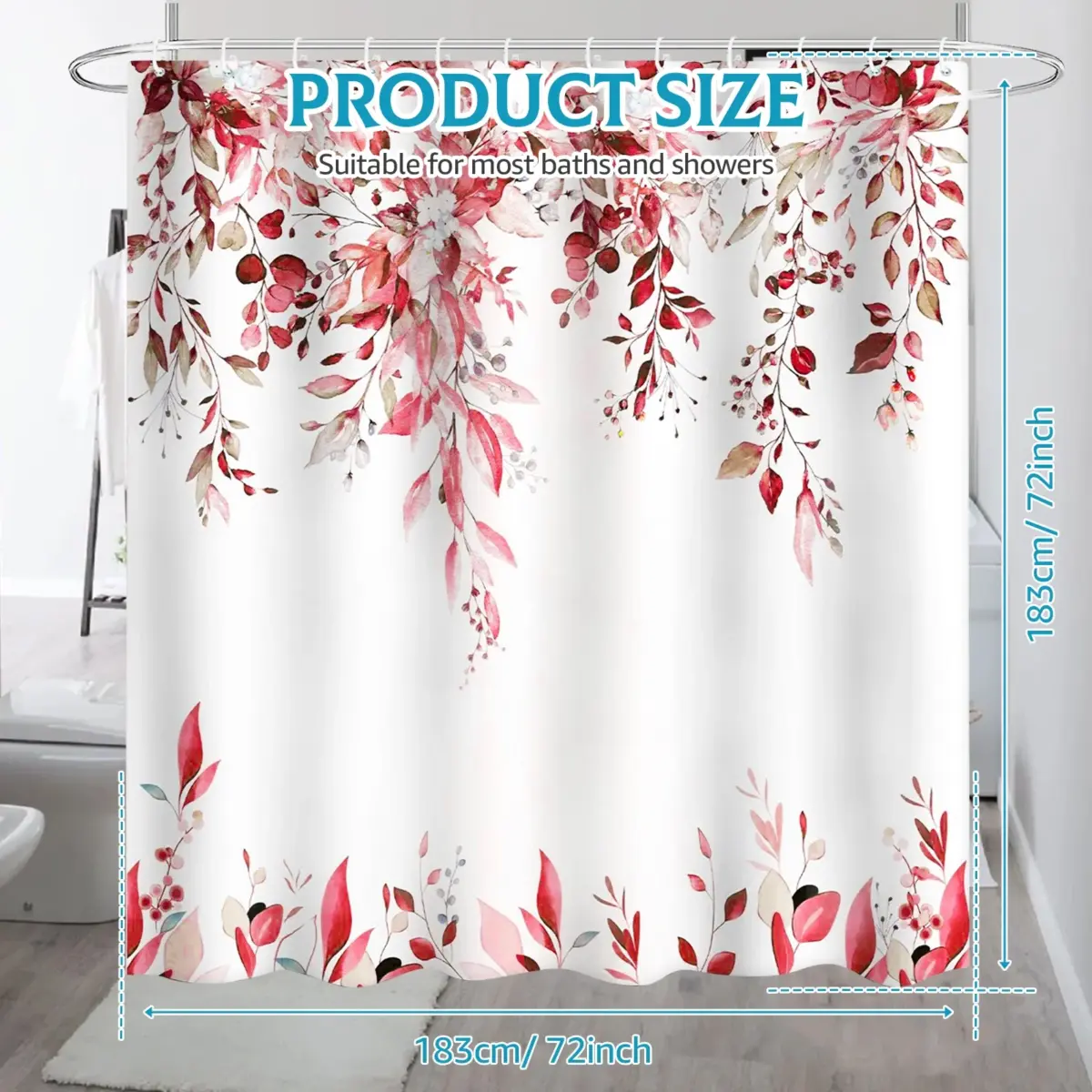 Dznils Red Eucalyptus Fabric Shower Curtain, Watercolor Floral Pattern with Hooks, 72" x 72" - Image 3