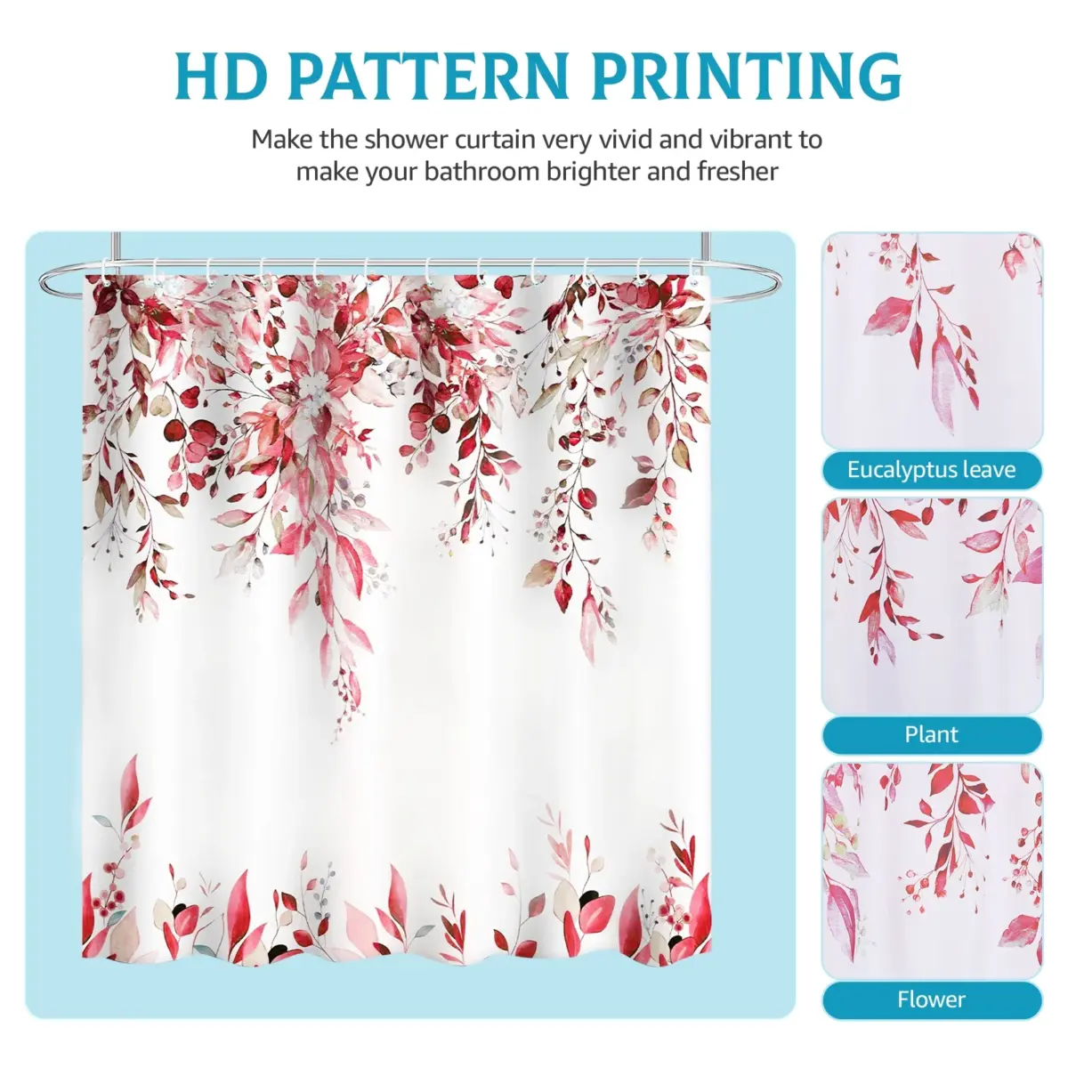 Dznils Red Eucalyptus Fabric Shower Curtain, Watercolor Floral Pattern with Hooks, 72" x 72" - Image 4