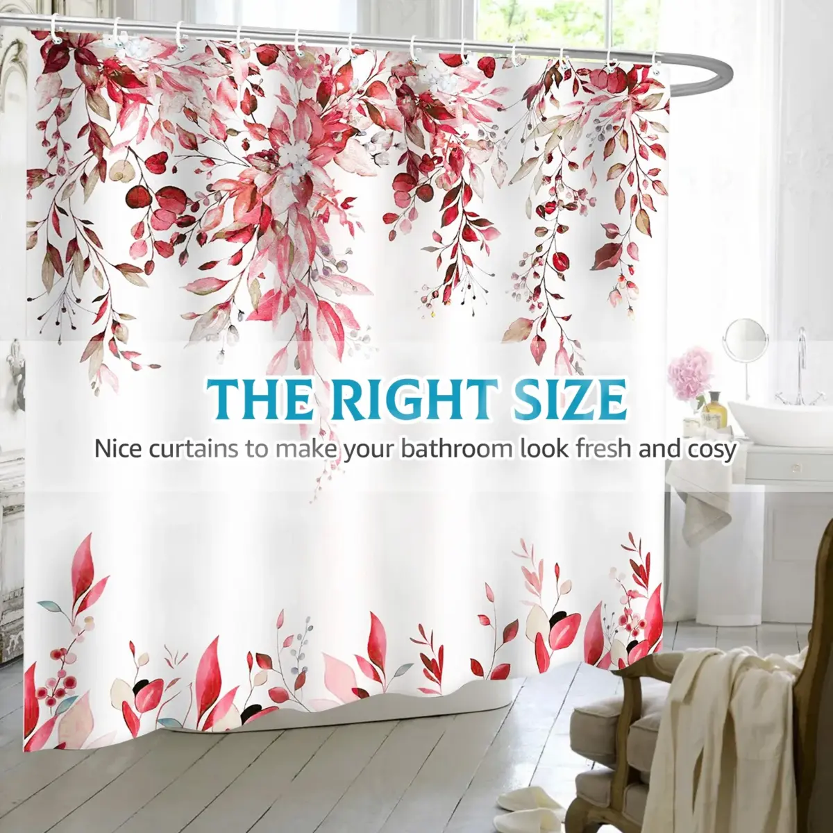 Dznils Red Eucalyptus Fabric Shower Curtain, Watercolor Floral Pattern with Hooks, 72" x 72" - Image 5