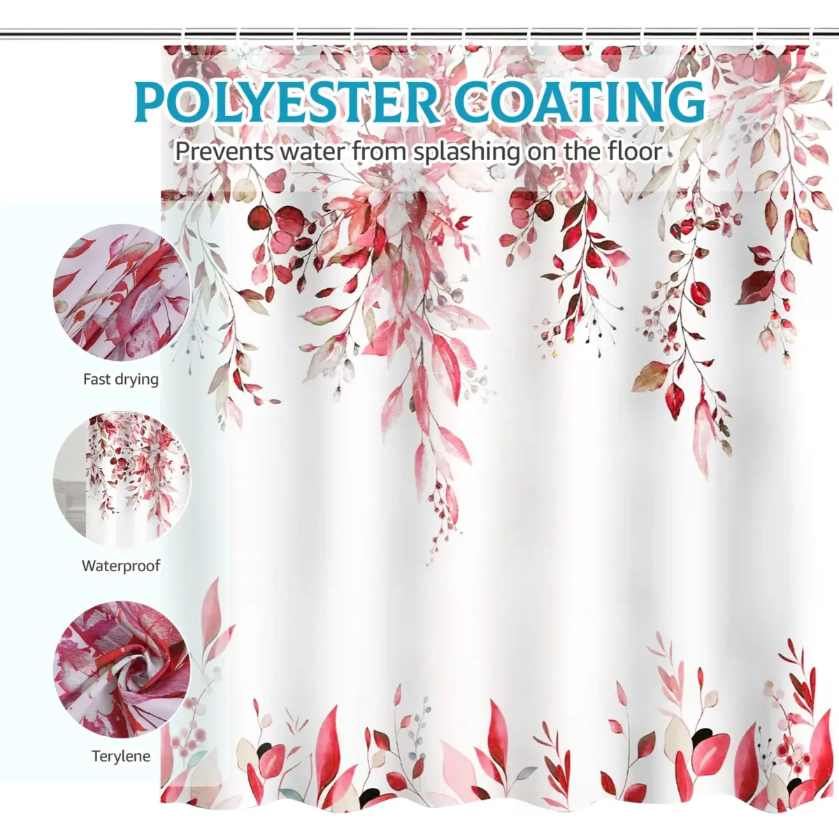 Dznils Red Eucalyptus Fabric Shower Curtain, Watercolor Floral Pattern with Hooks, 72" x 72" - Image 7