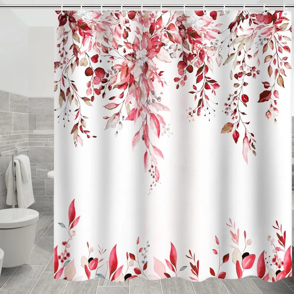 Dznils Red Eucalyptus Fabric Shower Curtain, Watercolor Floral Pattern with Hooks, 72" x 72" - Image 9