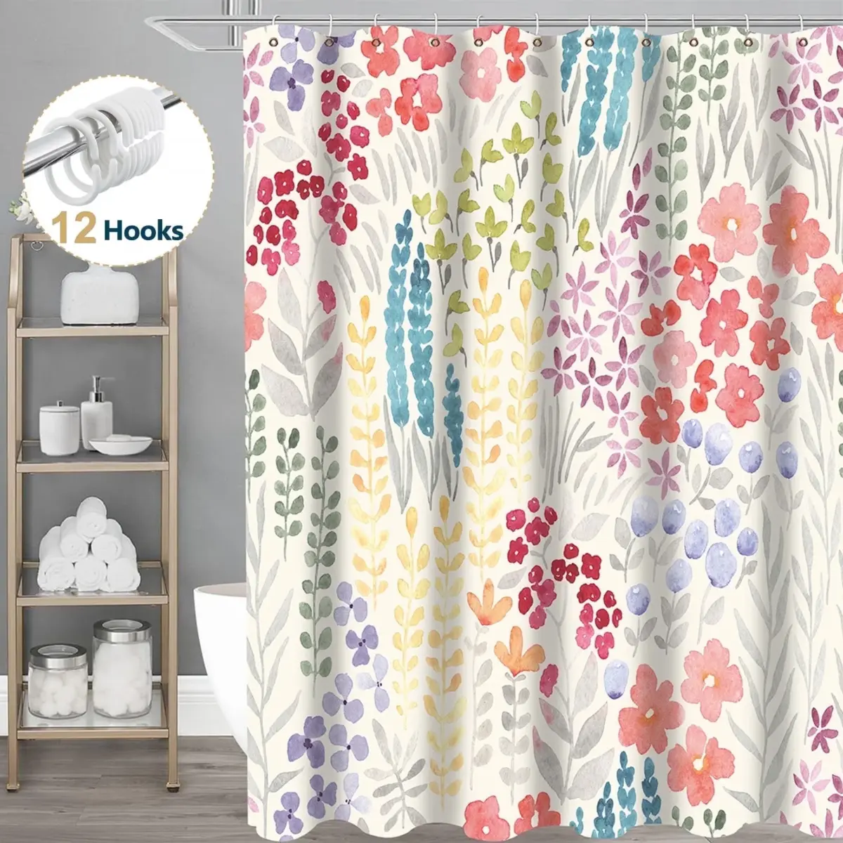 Dznils Boho Colorful Floral Fabric Shower Curtain, Watercolor Pattern with Hooks, 72" x 72", Beige - Image 1