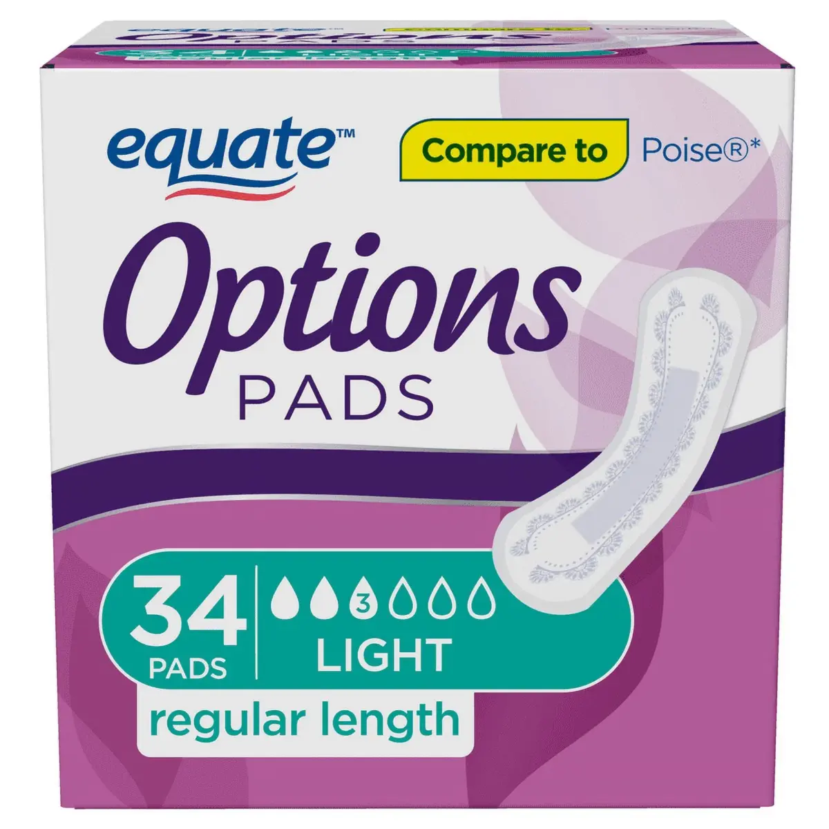 Equate Options Women's Incontinence Pads, Light Absorbency, Regular Length (34 Count), Compare to Poise® - Image 1