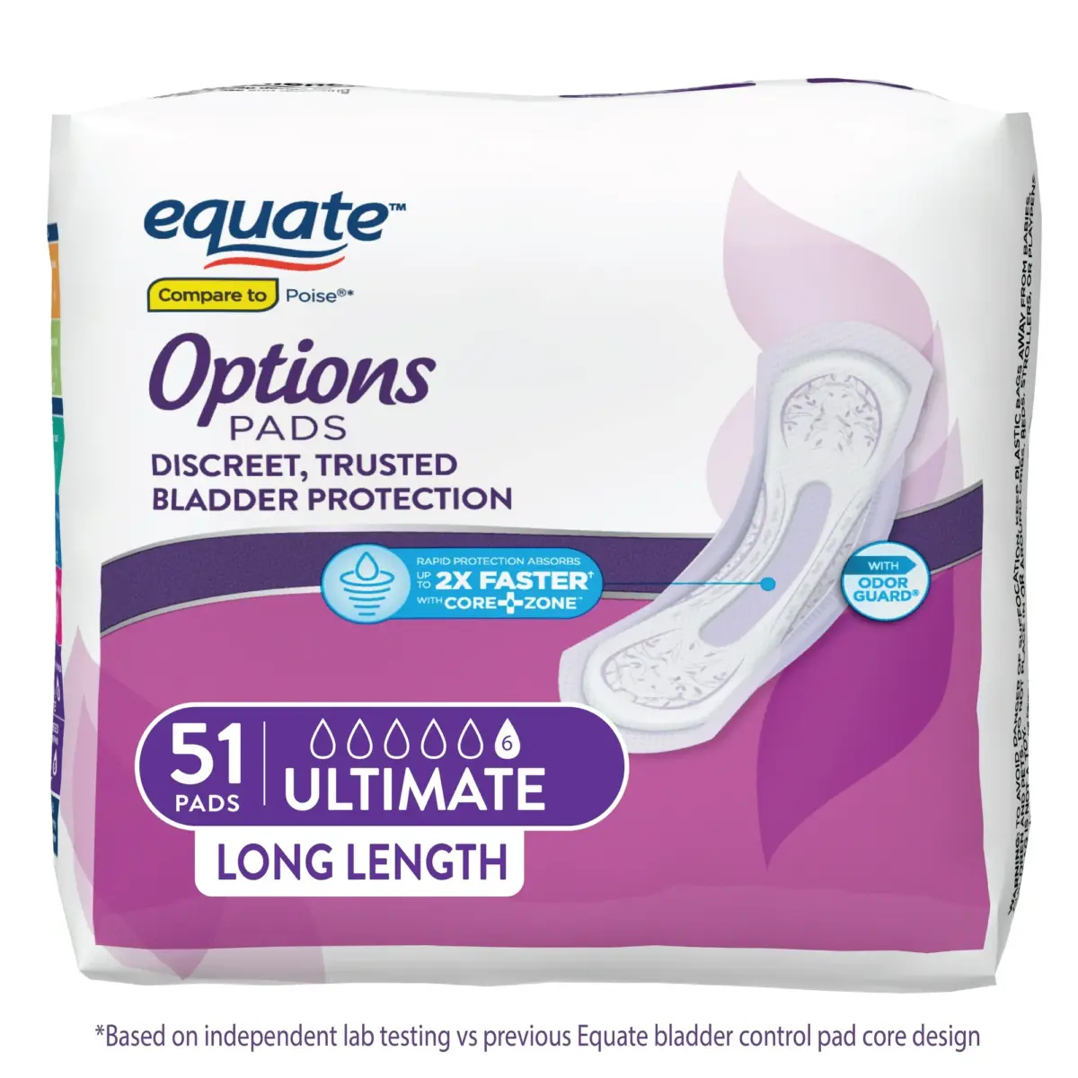 Equate Options Women's Incontinence Pads, Ultimate Absorbency, Long Length (51 Count), Compare to Poise® - Image 1