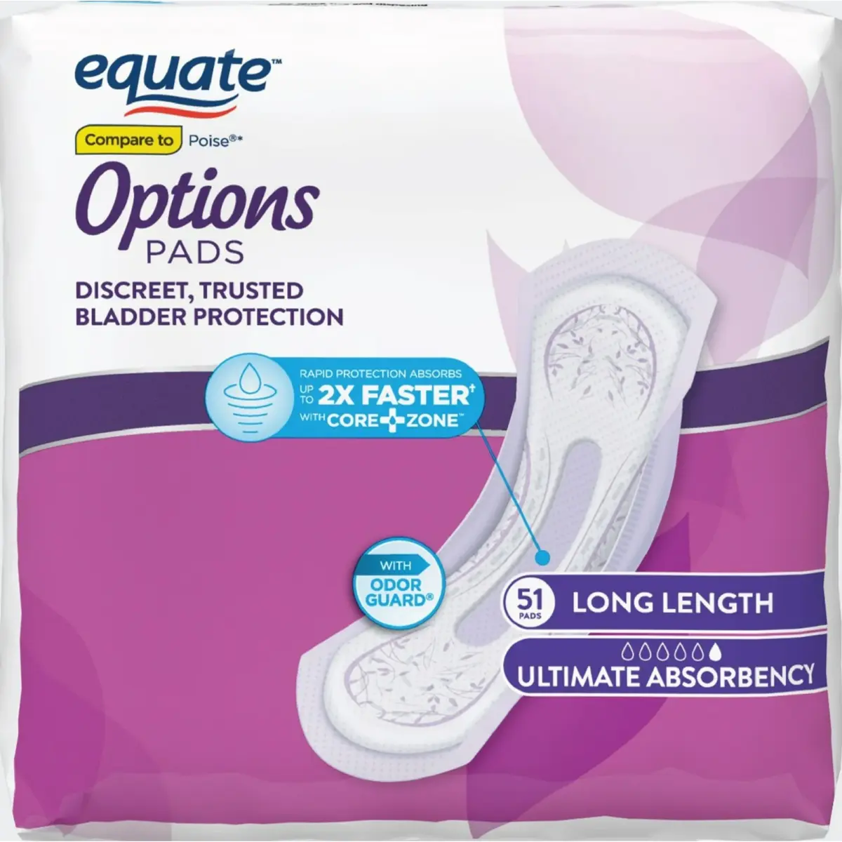 Equate Options Women's Incontinence Pads, Ultimate Absorbency, Long Length (51 Count), Compare to Poise® - Image 8