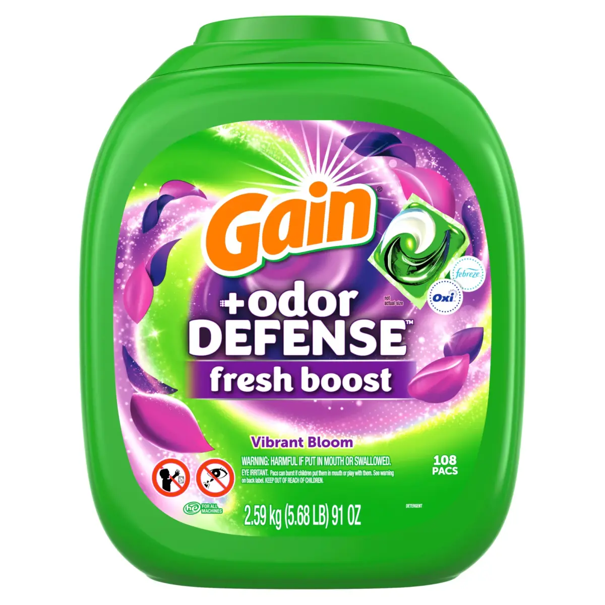 Gain Flings Laundry Detergent Pacs + Oxi and Odor Defense Fresh Boost - Vibrant Bloom, 108 ct. - Image 2